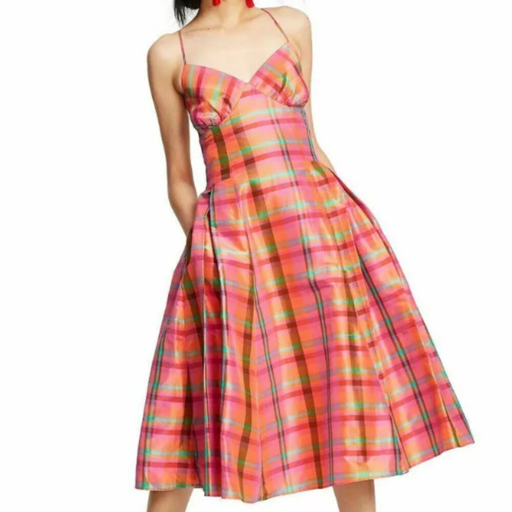 Pink Plaid Midi Dress with Spaghetti Straps